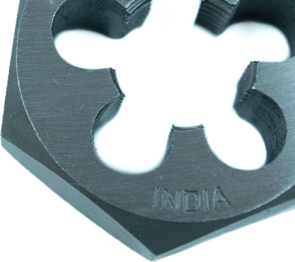 Close-up of hex threading die lobes; 'INDIA' stamp on metal surface