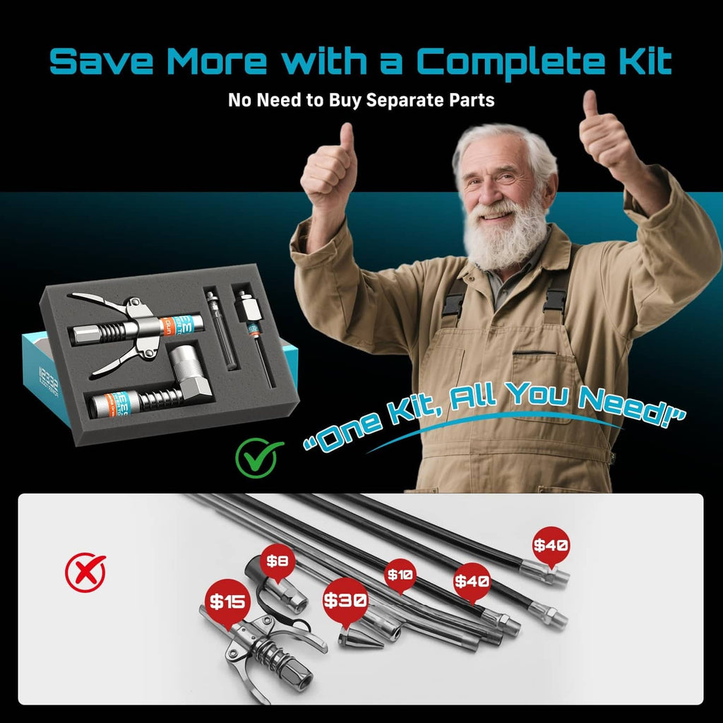 Grease gun accessory kit with multiple couplers, hose pieces, and needle tips
