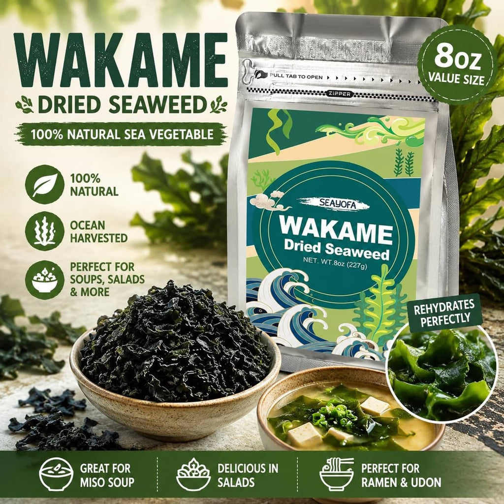8 oz dried wakame seaweed pouch with black flakes and a bowl of rehydrated seaweed
