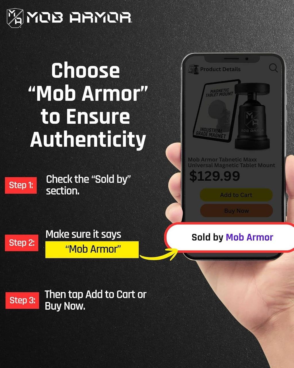 Smartphone screen showing magnetic tablet mount purchase steps and add-to-cart button