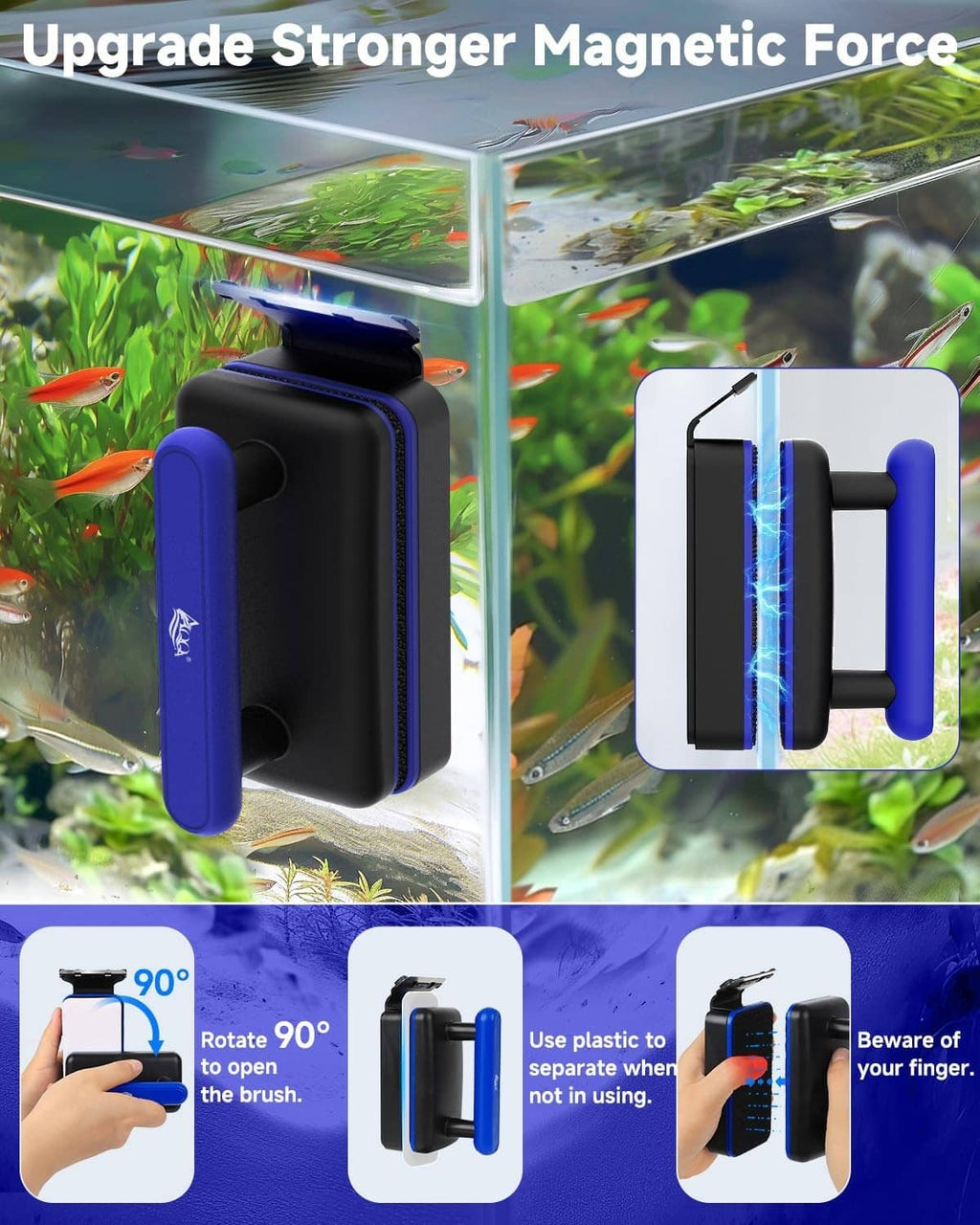 Magnetic aquarium glass cleaner on tank glass with blue and black brush units