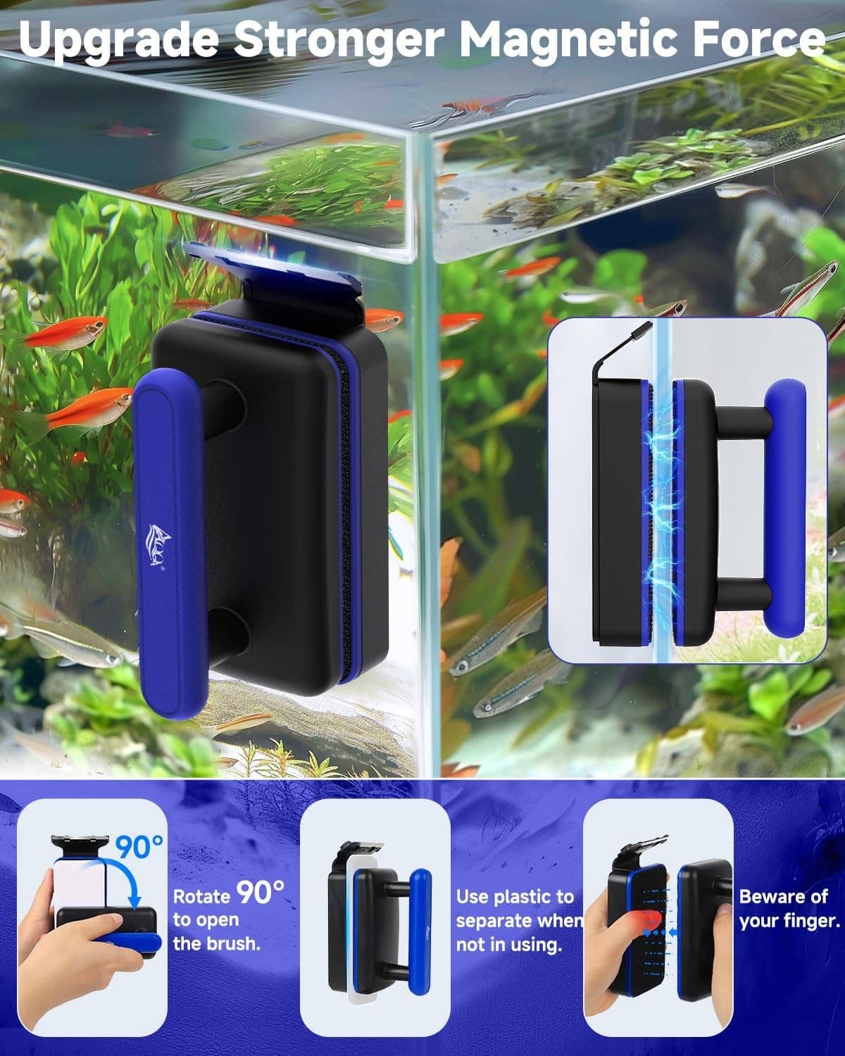Magnetic aquarium glass cleaner on tank glass with blue and black brush units
