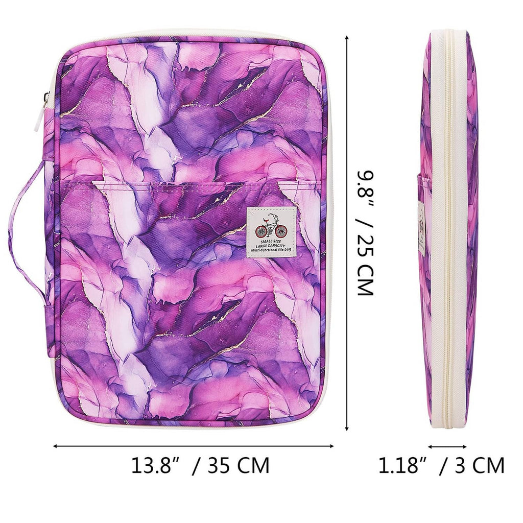 Purple marble-pattern travel portfolio with zip front and side handle