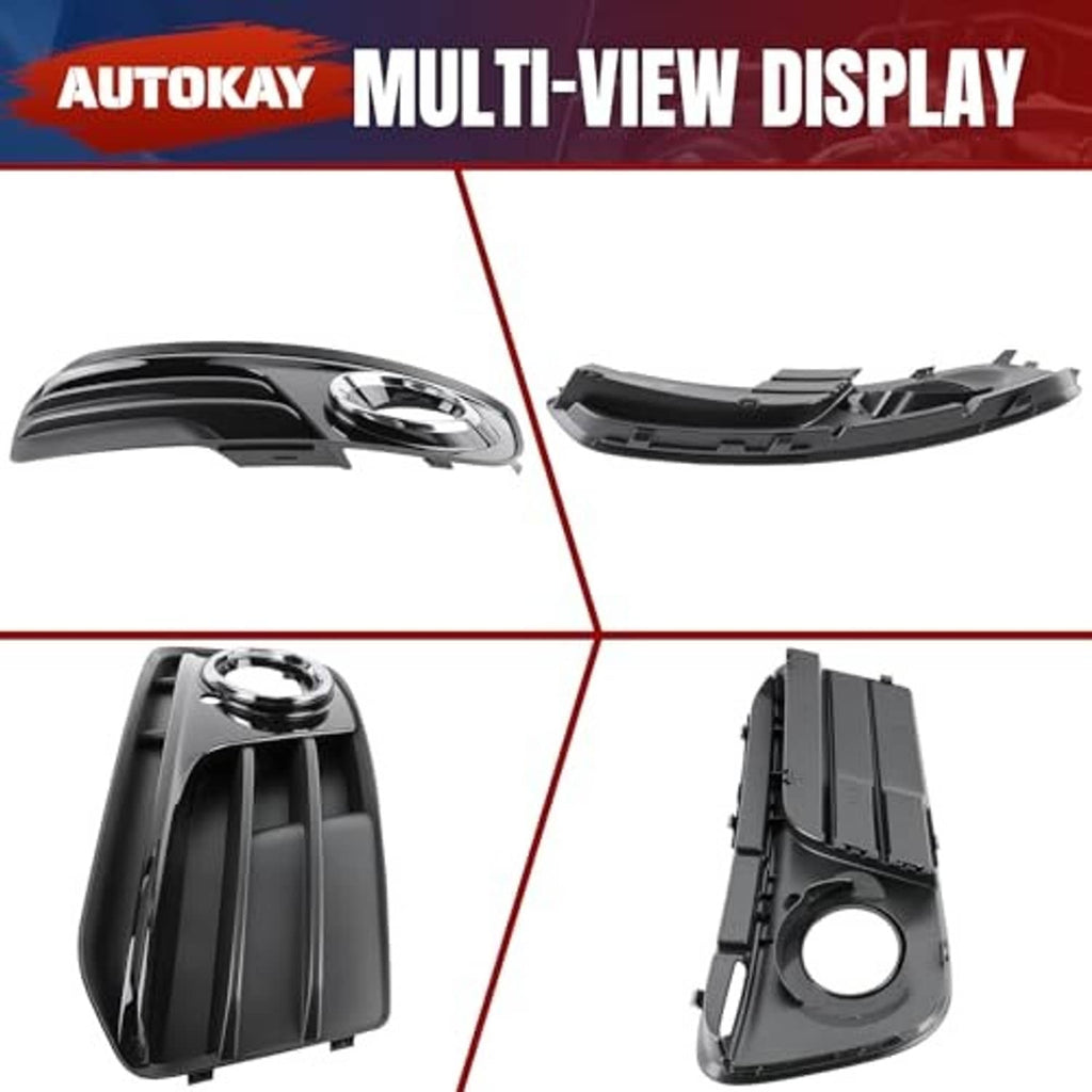 Set of front bumper fog light grill inserts, black with chrome-ring opening, multiple views