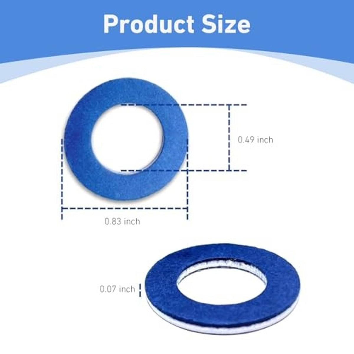 Blue crush-style oil drain plug gasket washer with size measurements
