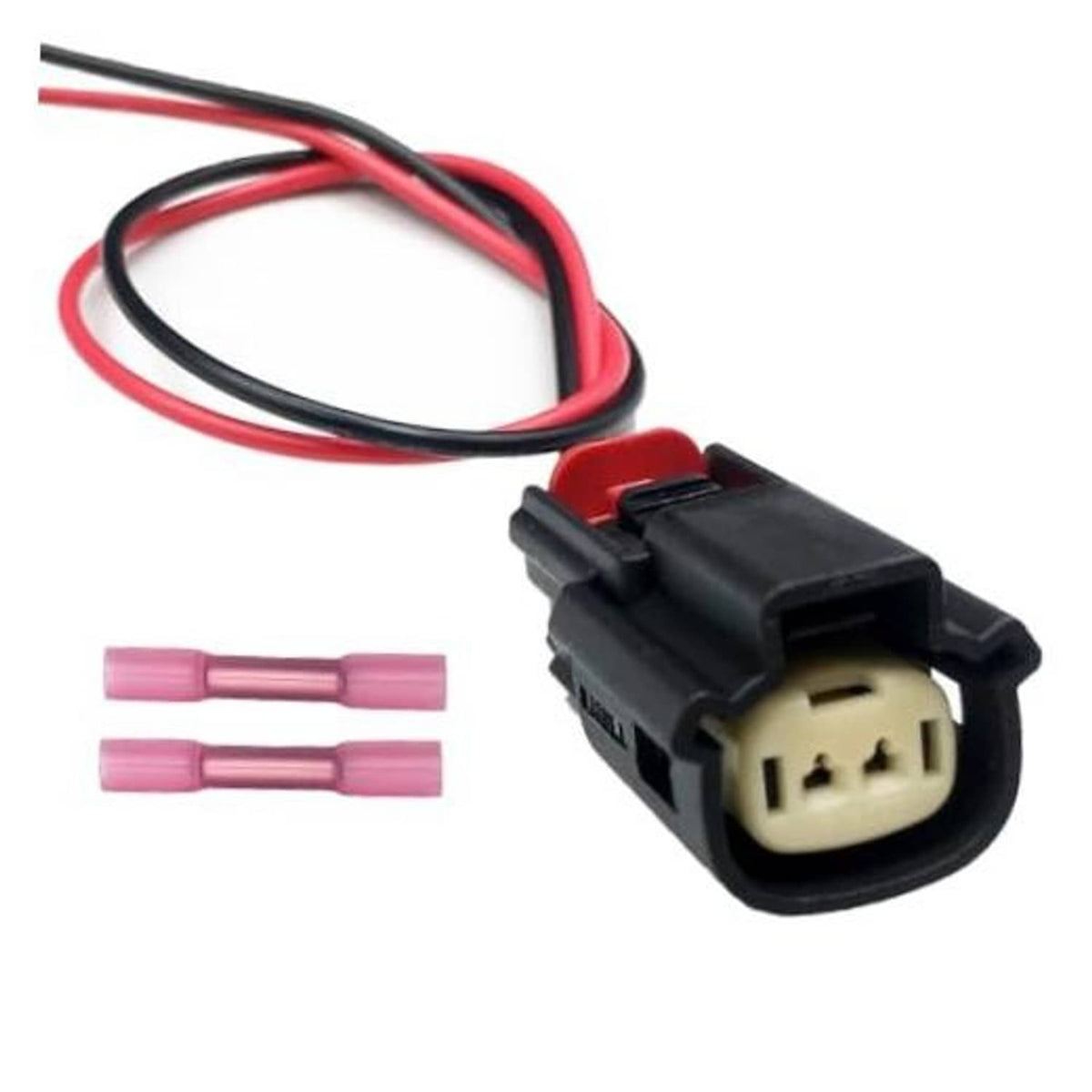 Fog light wiring harness plug with black connector, red/black wires, and terminal sleeves