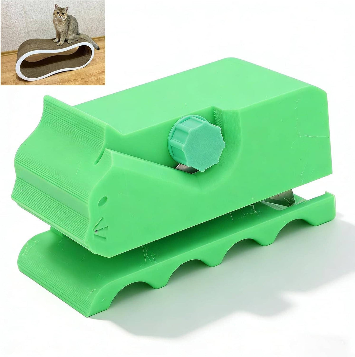 Green handheld cardboard box cutter with adjustable blade guard for DIY scratchers