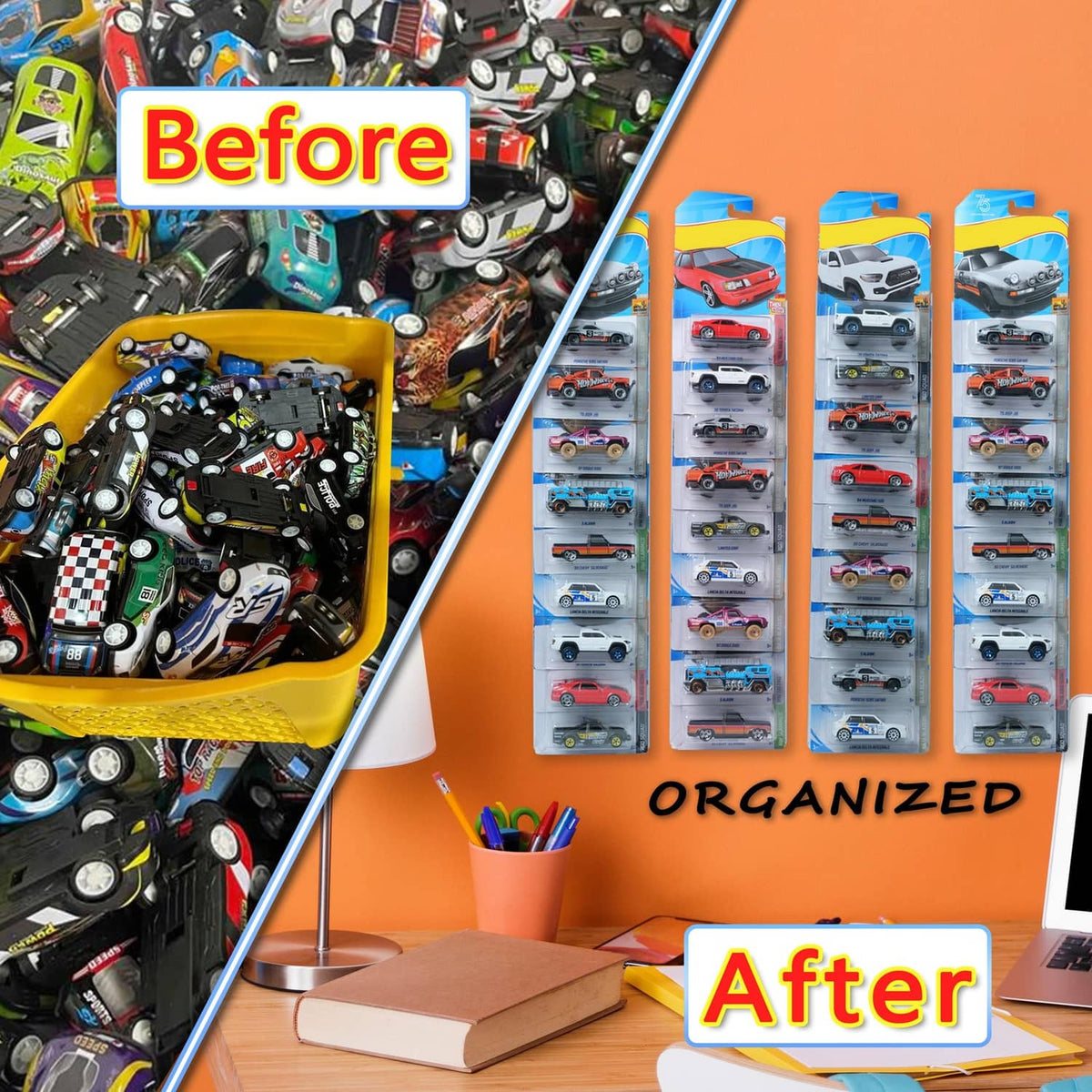 Stack of transparent diecast display cases organizing toy cars