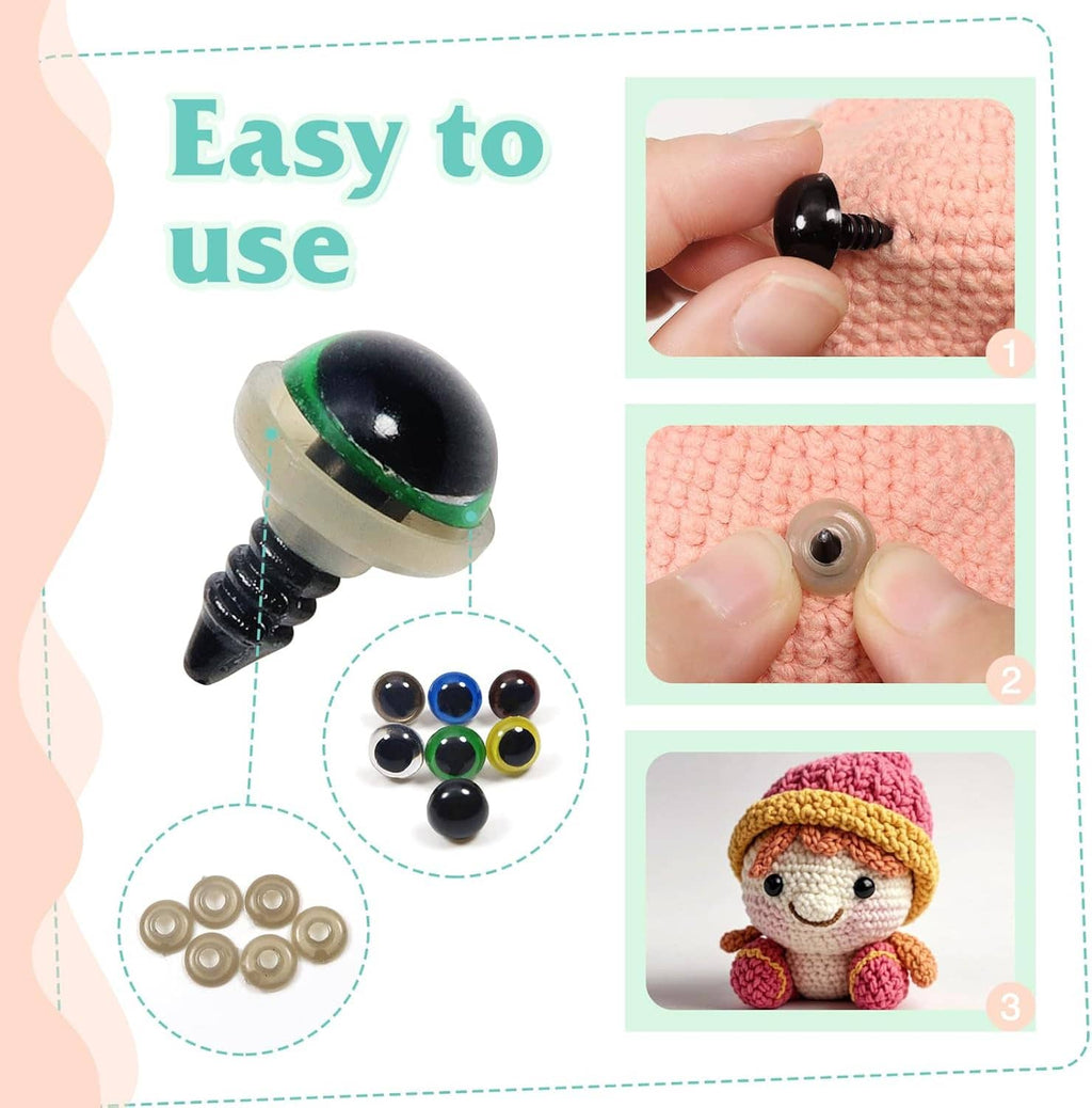 Plastic safety eyes with washers, showing snap-in back attachment