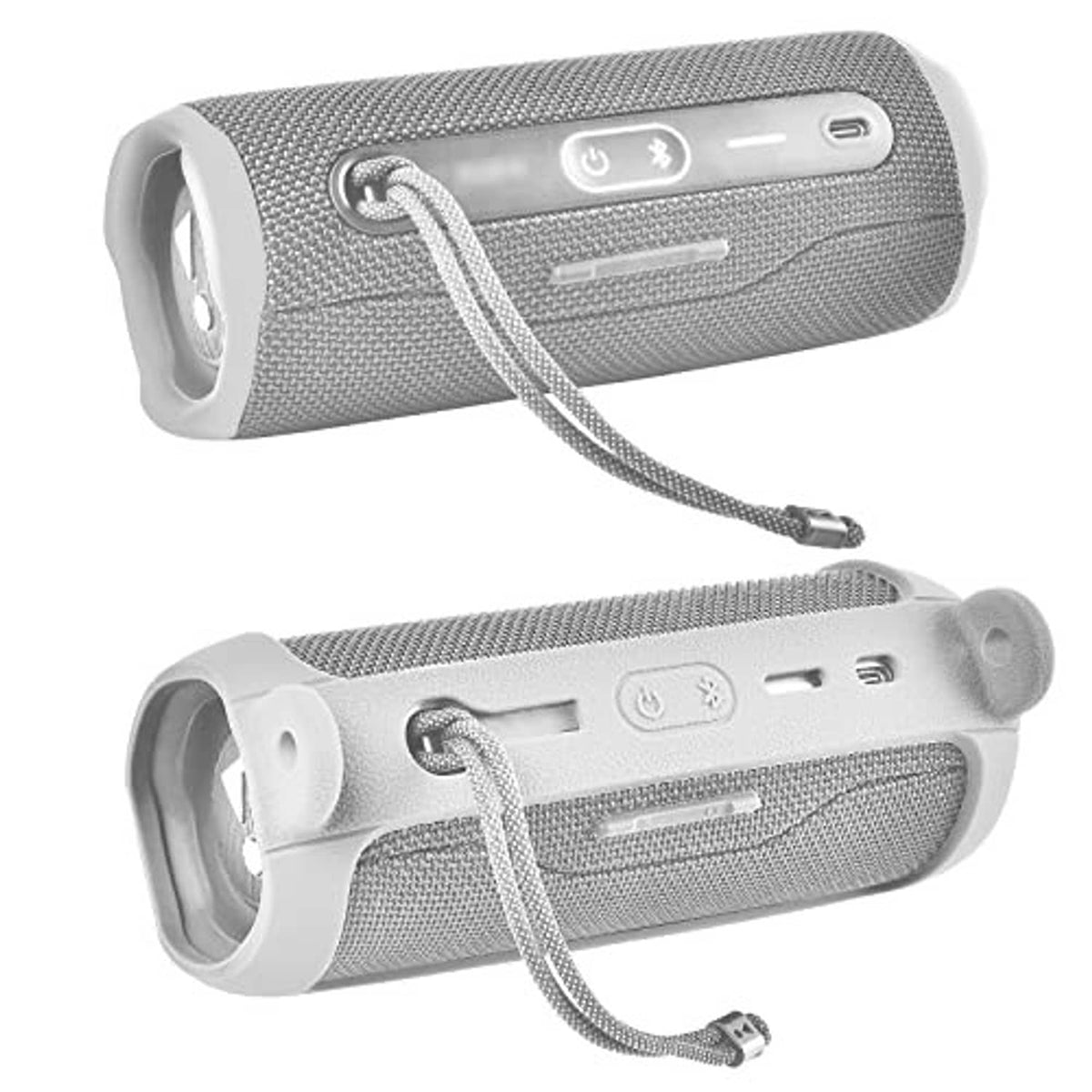 Gray silicone speaker case for portable Bluetooth speaker with carrying lanyard and strap