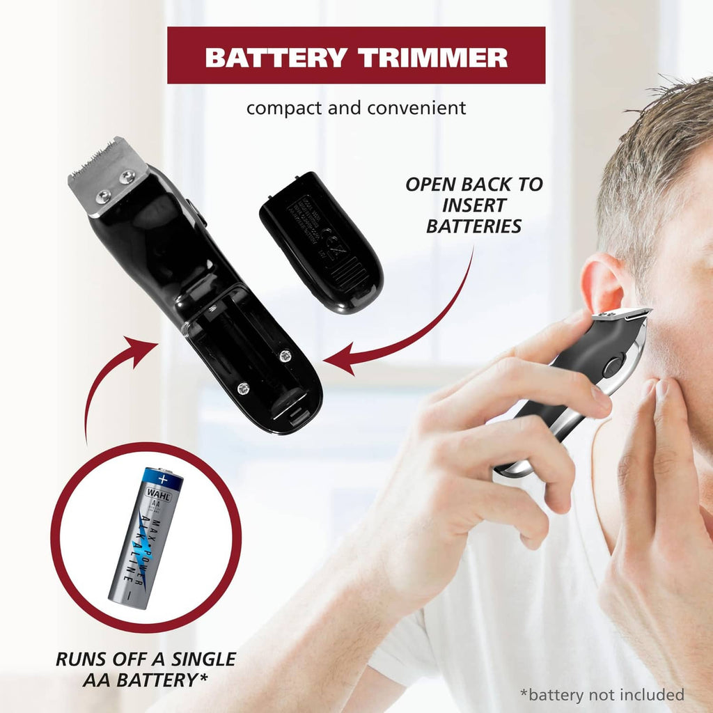 Cordless battery trimmer with open-back design and instruction diagram