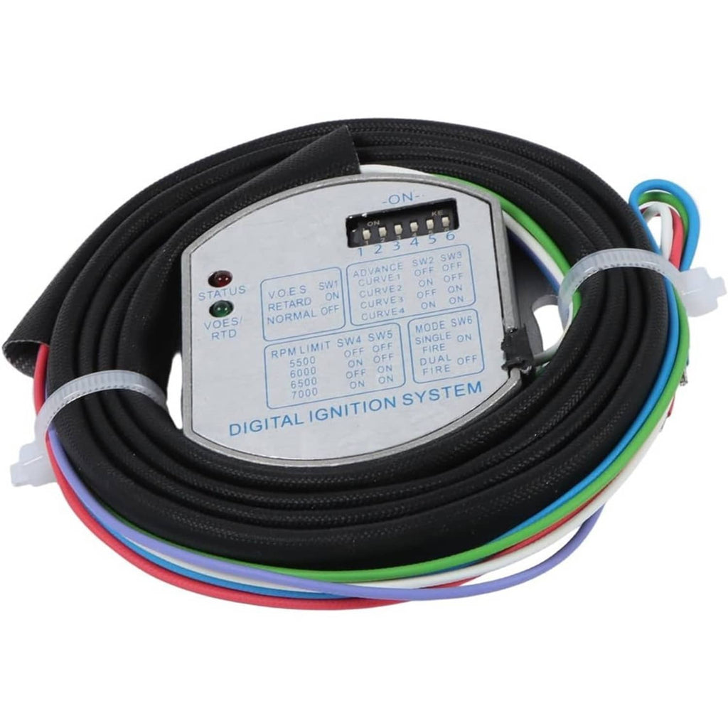 Digital ignition system controller face with ON/OFF switch on black coiled harness