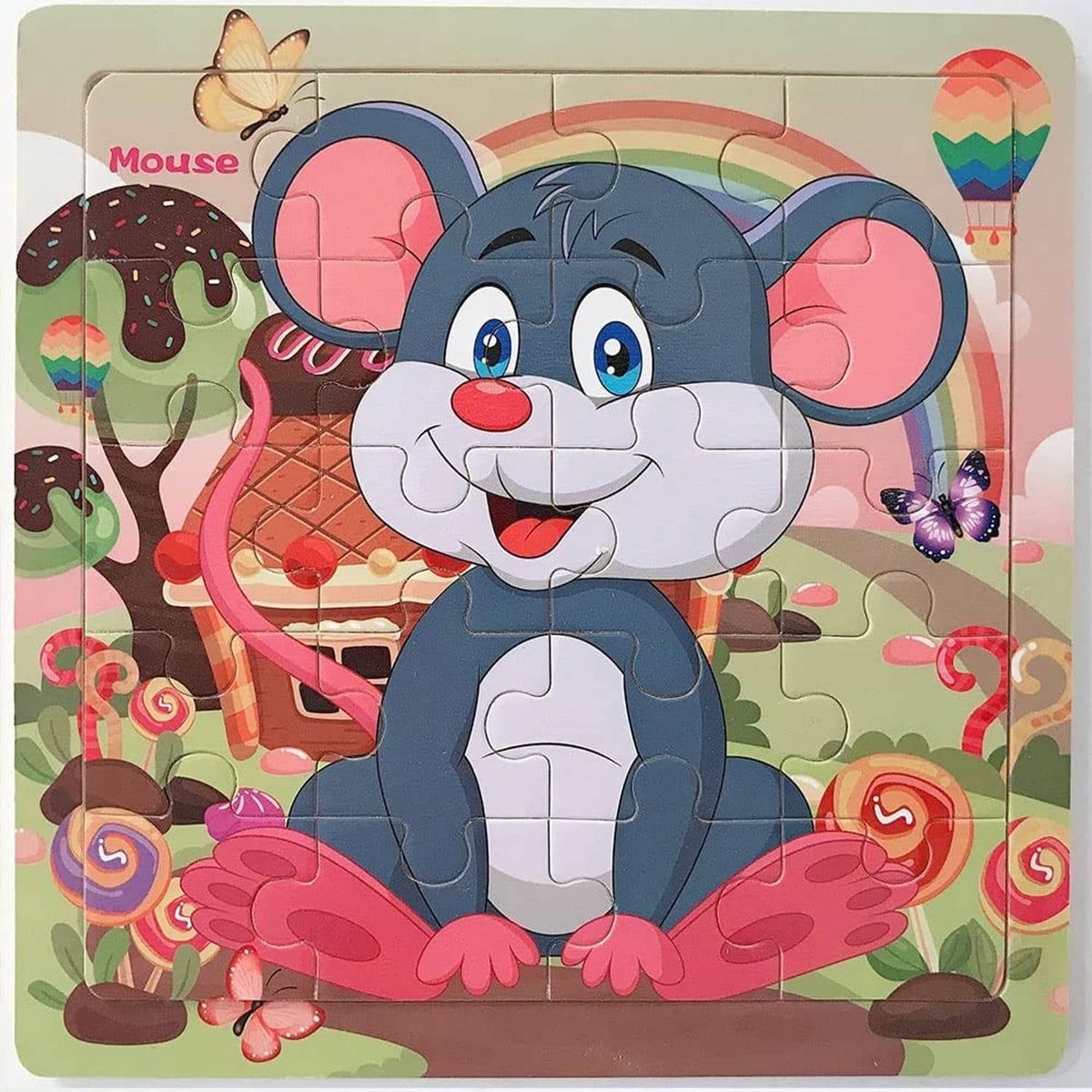 Completed mouse jigsaw puzzle with a smiling mouse character on a square board