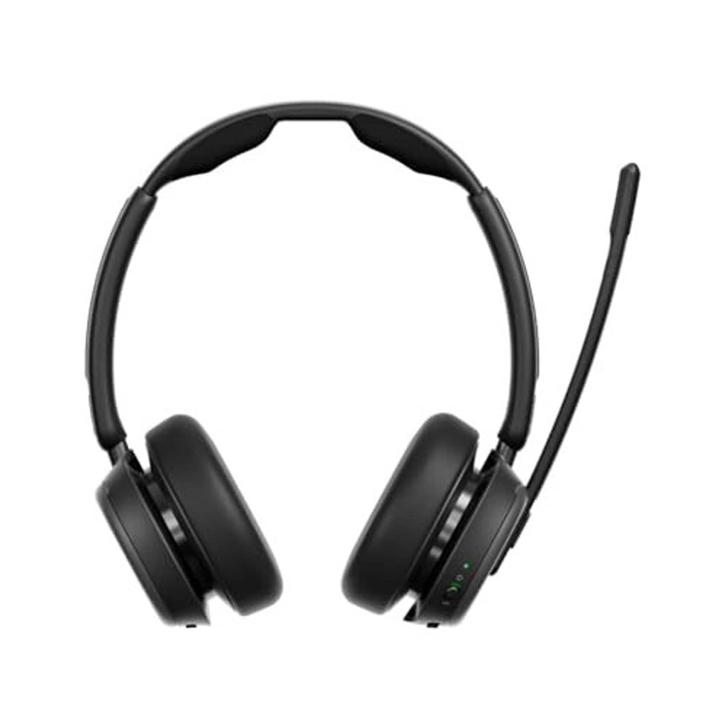 Black over-ear ANC Bluetooth headset with boom mic, side buttons on earcup