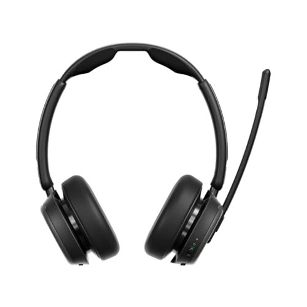 Black over-ear ANC Bluetooth headset with boom mic, side buttons on earcup