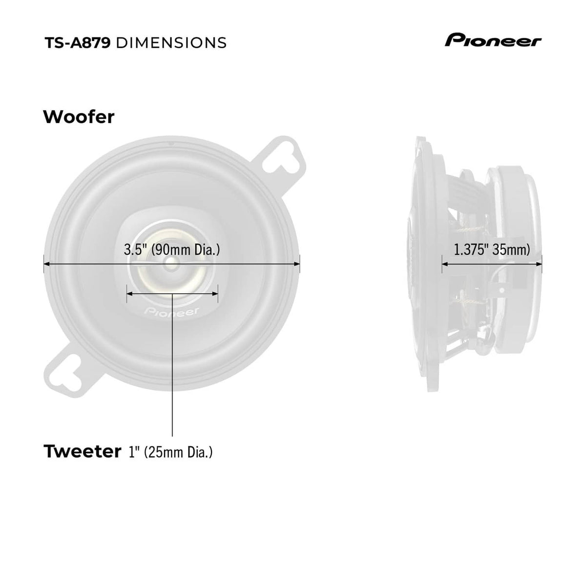 Speaker dimensions diagram for 3.5-inch woofer and 1-inch tweeter