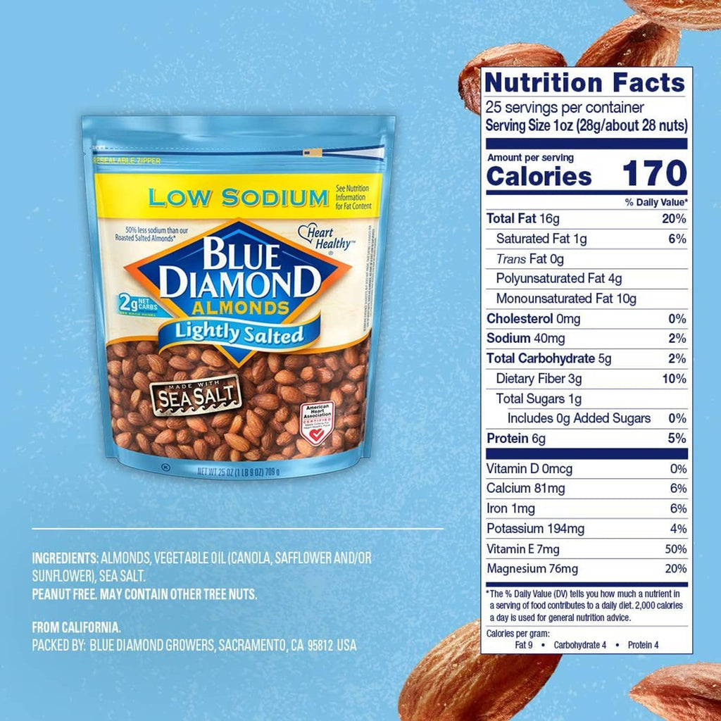 Blue Diamond low-sodium lightly salted almonds bag with nutrition facts panel
