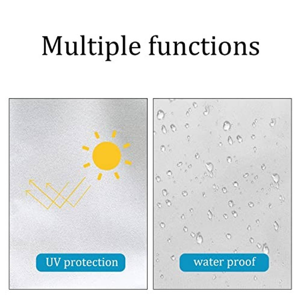 Gray canopy fabric panel with water droplets and UV protection graphic