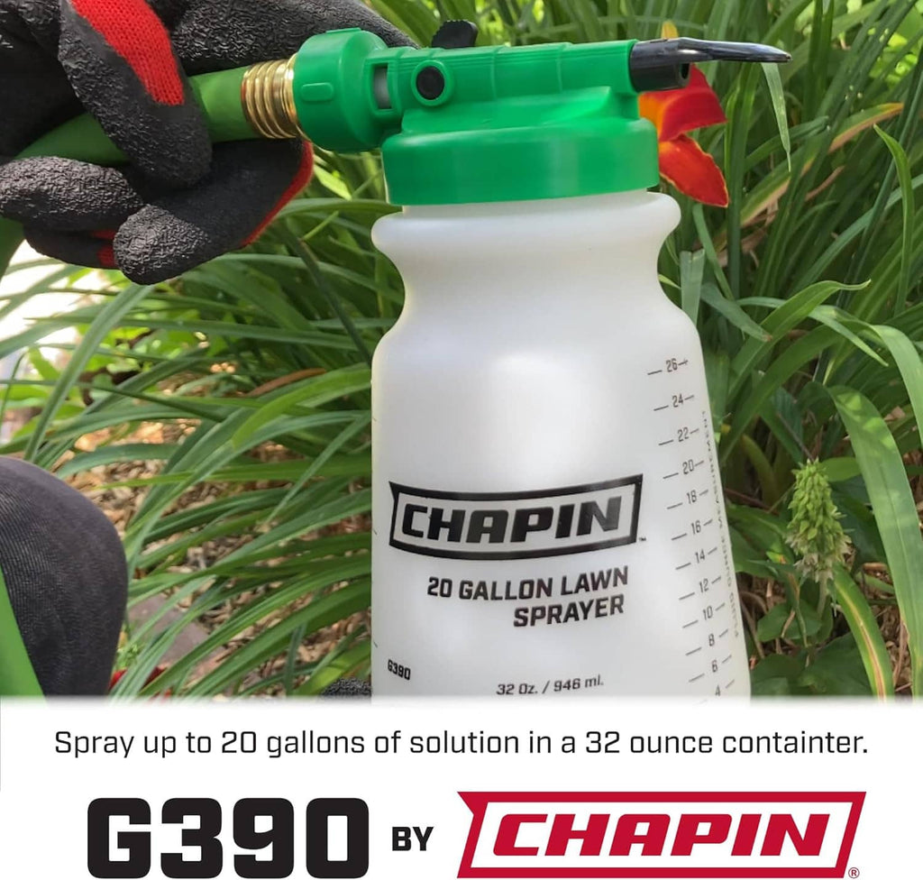 Chapin hose end sprayer with green nozzle and white 20-gallon tank, held over grass