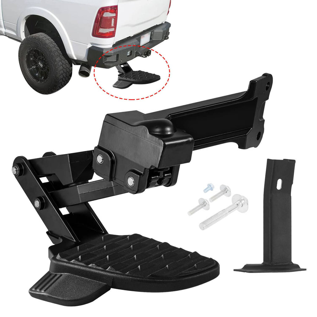 Retractable side bed step assembly with black foot pad and bracket