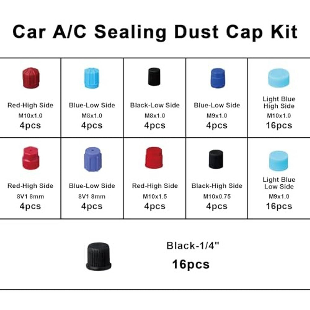 Assorted car A/C sealing dust cap sizes in red, blue, black, and light blue