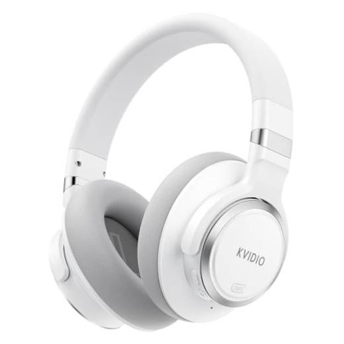 White over-ear wireless ANC headphones with gray cushions and KVIO logo on earcup