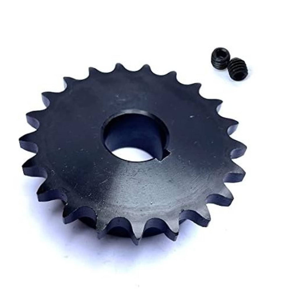 #40 roller chain sprocket with central bore, dark steel finish, includes two small screws
