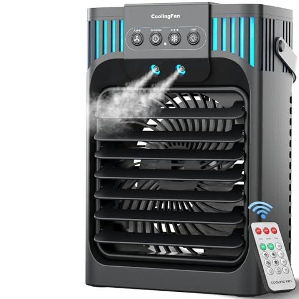 Portable air conditioner with remote, black and gray body, front airflow grille