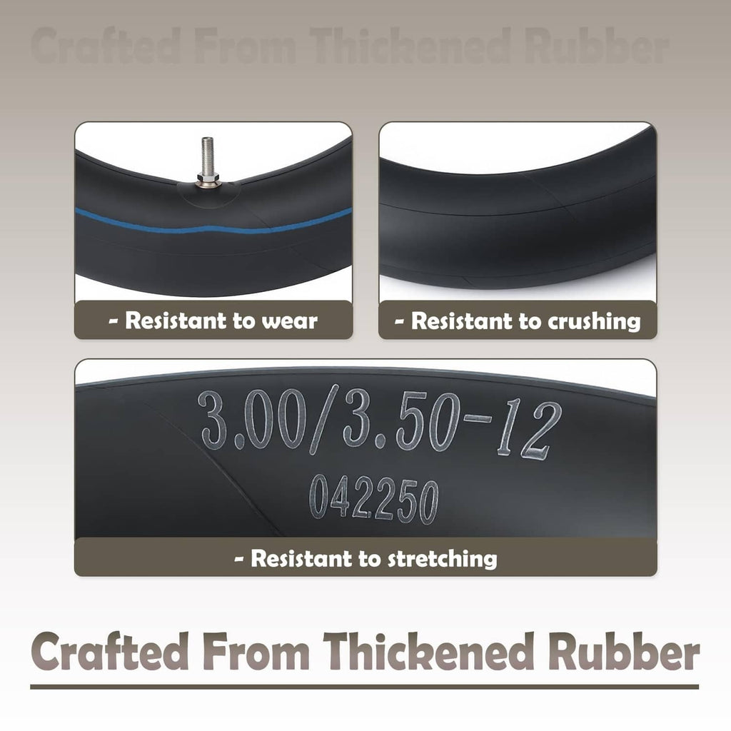 Black 12-inch rear inner tube with blue stripe and embossed size markings