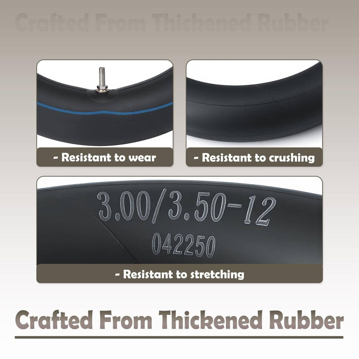 Black 12-inch rear inner tube with blue stripe and embossed size markings