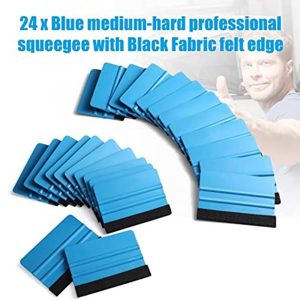 24-pack vinyl squeegees, blue scraper blades with black fabric felt edges