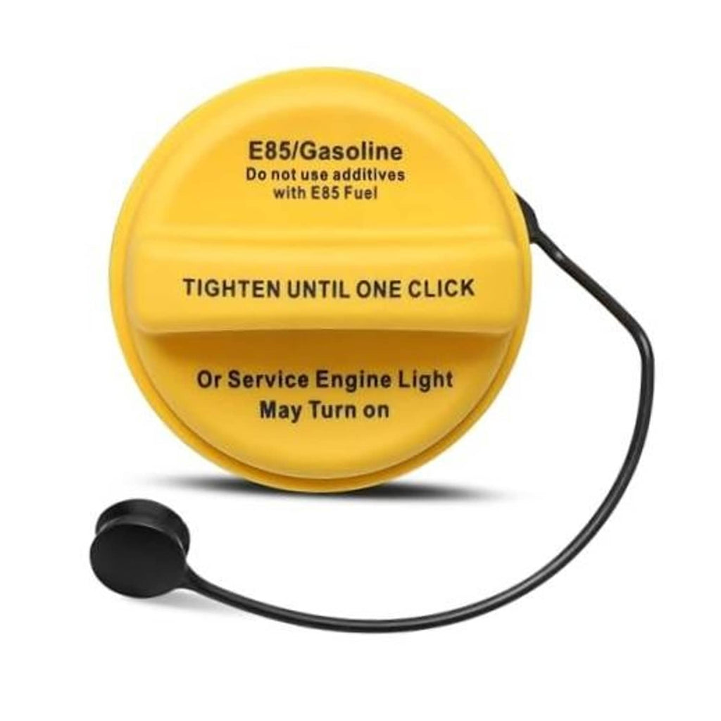 Yellow fuel tank gas cap with tethered black rubber pull cord, printed E85/Gasoline text