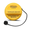 Yellow fuel tank gas cap with tethered black rubber pull cord, printed E85/Gasoline text