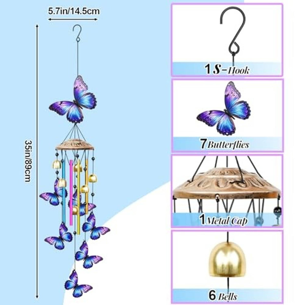 35-inch butterfly wind chime with 7 butterflies, metal cap, and 6 bells; rainbow tubes