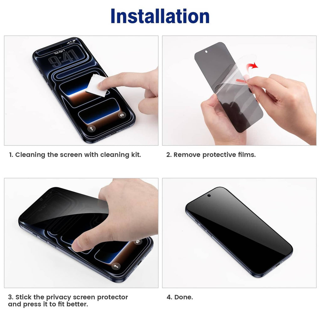 Phone case installation guide showing privacy screen film removal and final fit