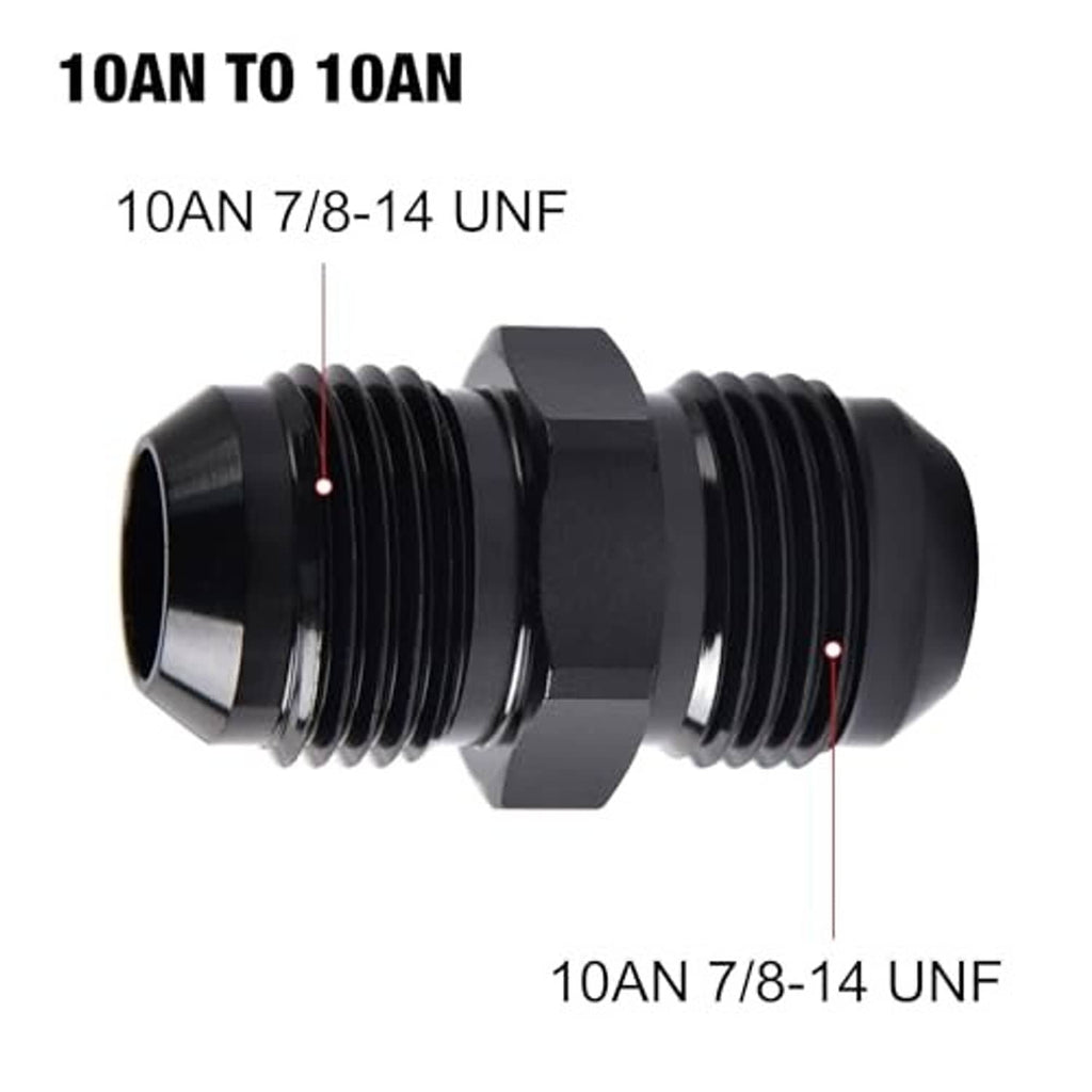 Black 10AN straight fuel hose adapter, 7/8-14 UNF male ends