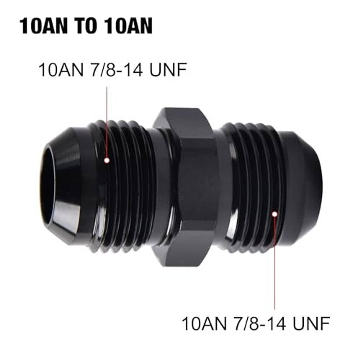 Black 10AN straight fuel hose adapter, 7/8-14 UNF male ends