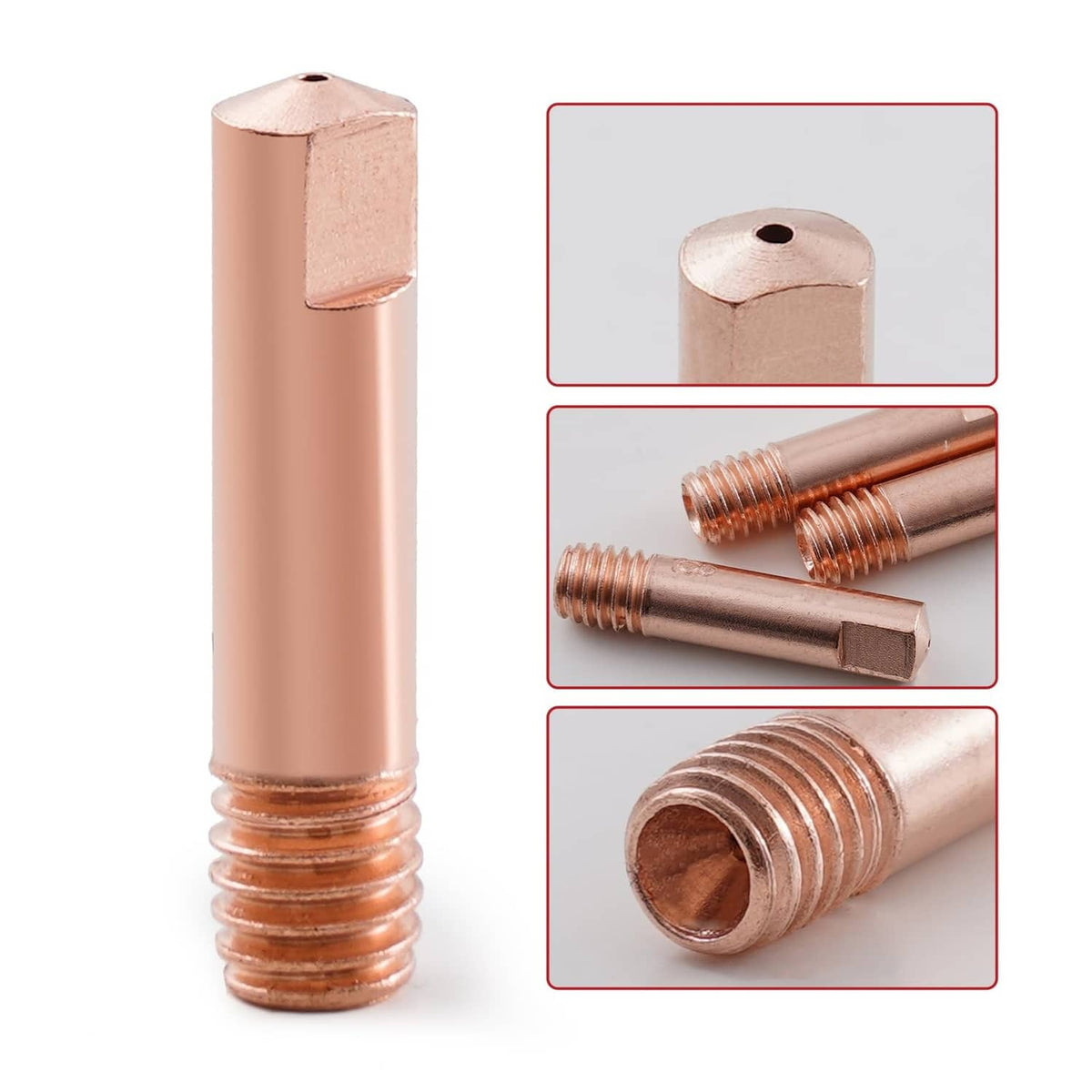 Copper MIG contact tip, threaded end and nozzle-fit section close-up