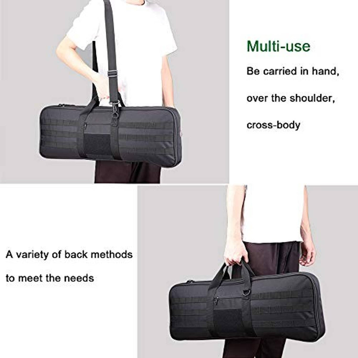 Black soft bow case with carrying handle and adjustable shoulder strap for cross-body use