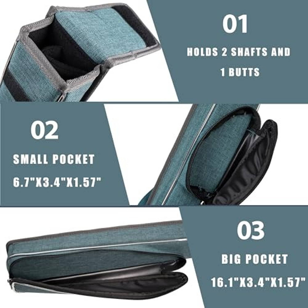 Teal-green hard cue case with interior pockets for 1 butt and 2 shafts