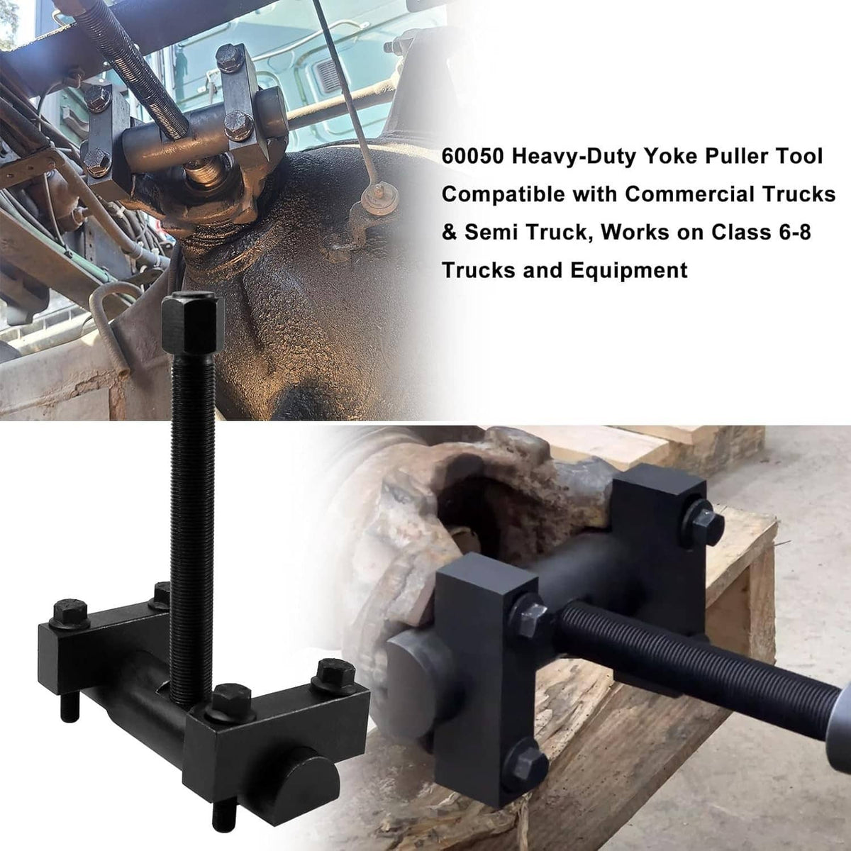 Black yoke puller tool clamped to axle housing with long threaded forcing screw