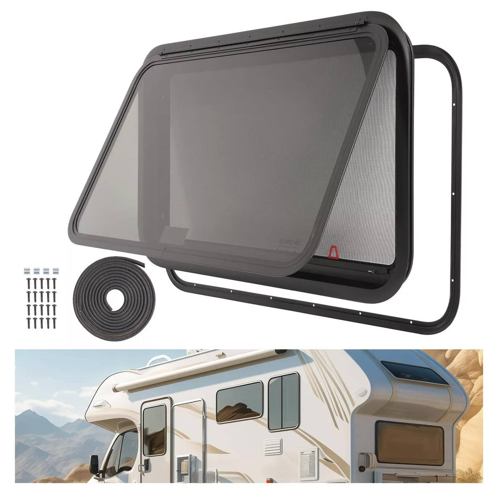 RV emergency exit window with dark tinted glass and trim ring, black frame