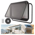 RV emergency exit window with dark tinted glass and trim ring, black frame