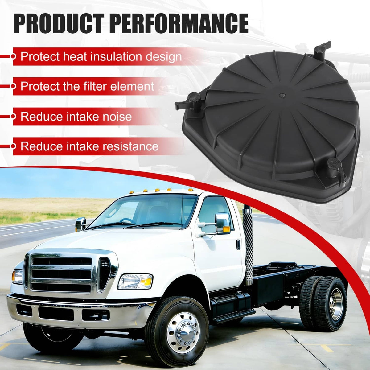 Black air filter cover lid latch top, circular with radial seams and side latch posts