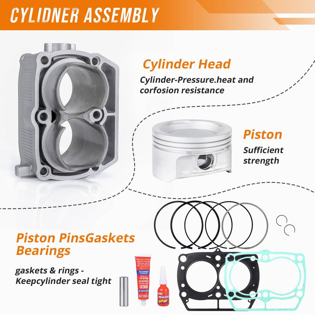 Cylinder assembly diagram with cylinder head, piston, piston rings, gaskets, and seal adhesive