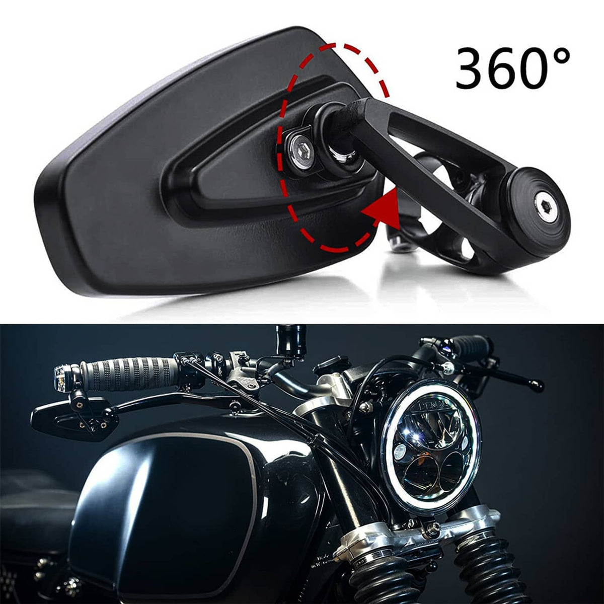 Universal motorcycle bar-end rearview mirror with black clamp and side-mounted ball joint