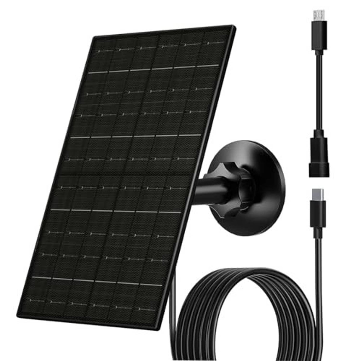 Solar panel with mounting bracket, two cable connectors, and coiled charging wire