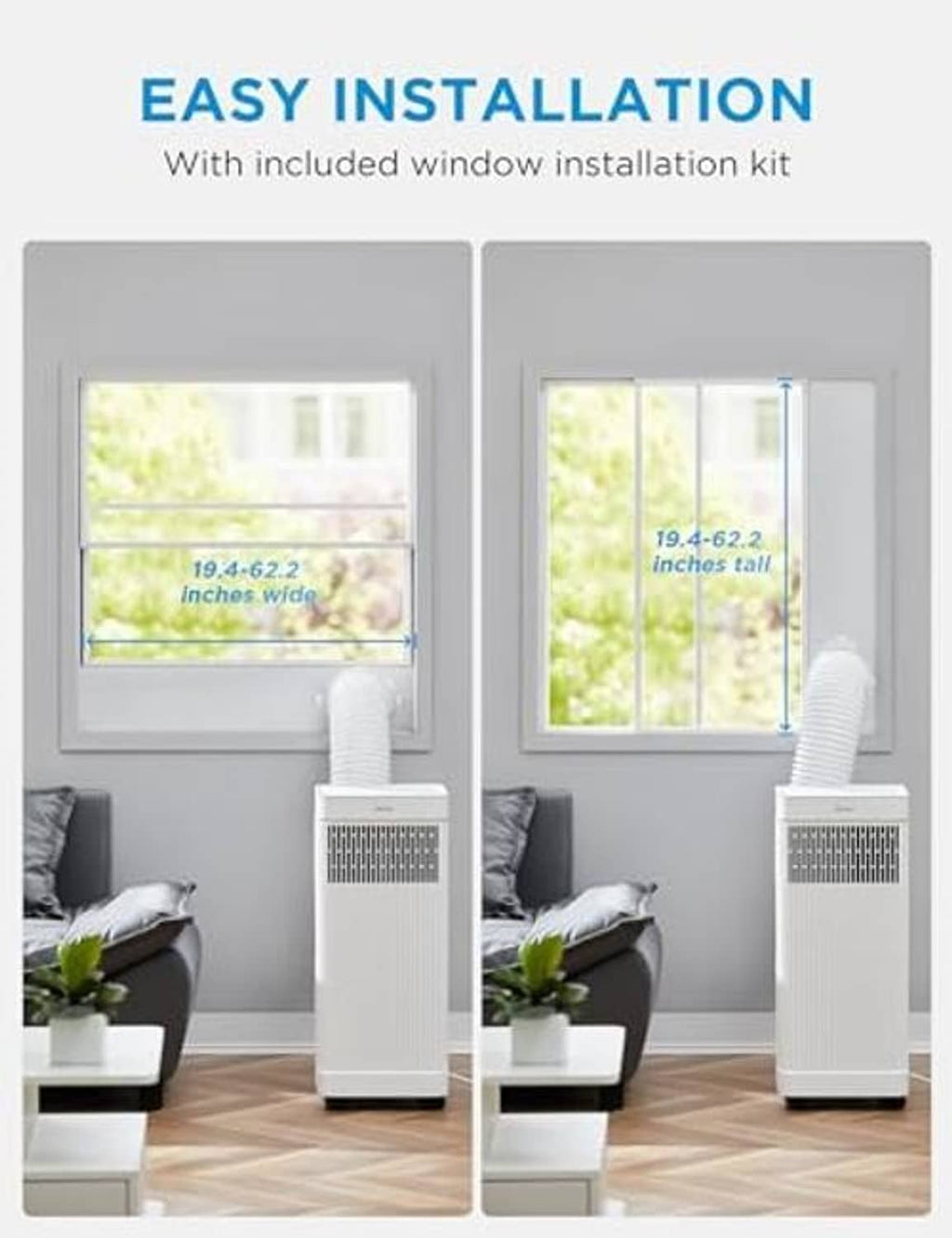 White portable air conditioner with window installation kit and compact design
