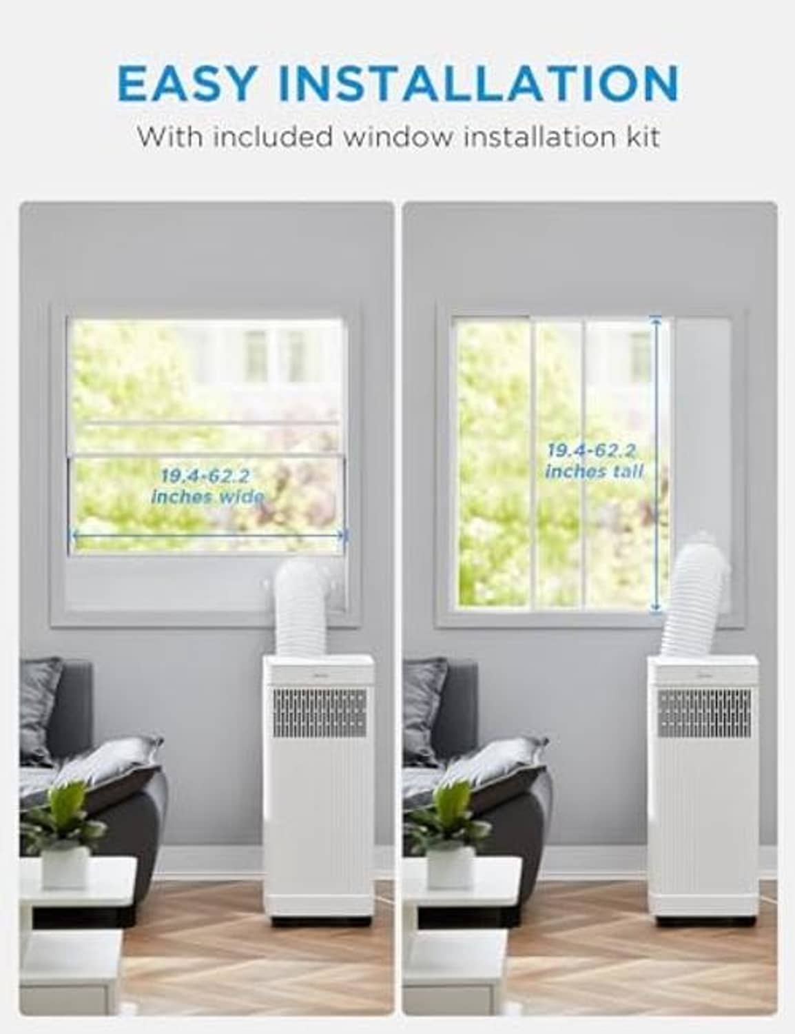 White portable air conditioner with window installation kit and compact design