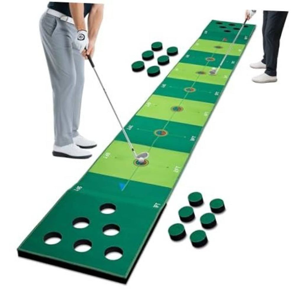 Green golf putting mat with six cup holes, practice balls, and a center putting lane